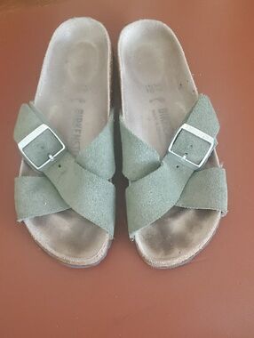 Birkenstock Thyme Green Suede Sienna Slide With Silver Buckle